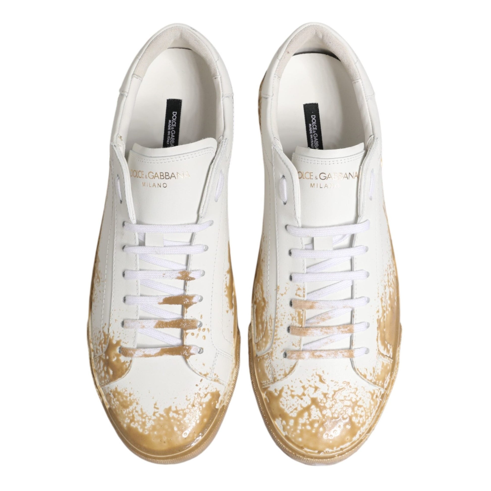 Dolce & Gabbana White Leather Paint Effect Low Top Sneakers Shoes