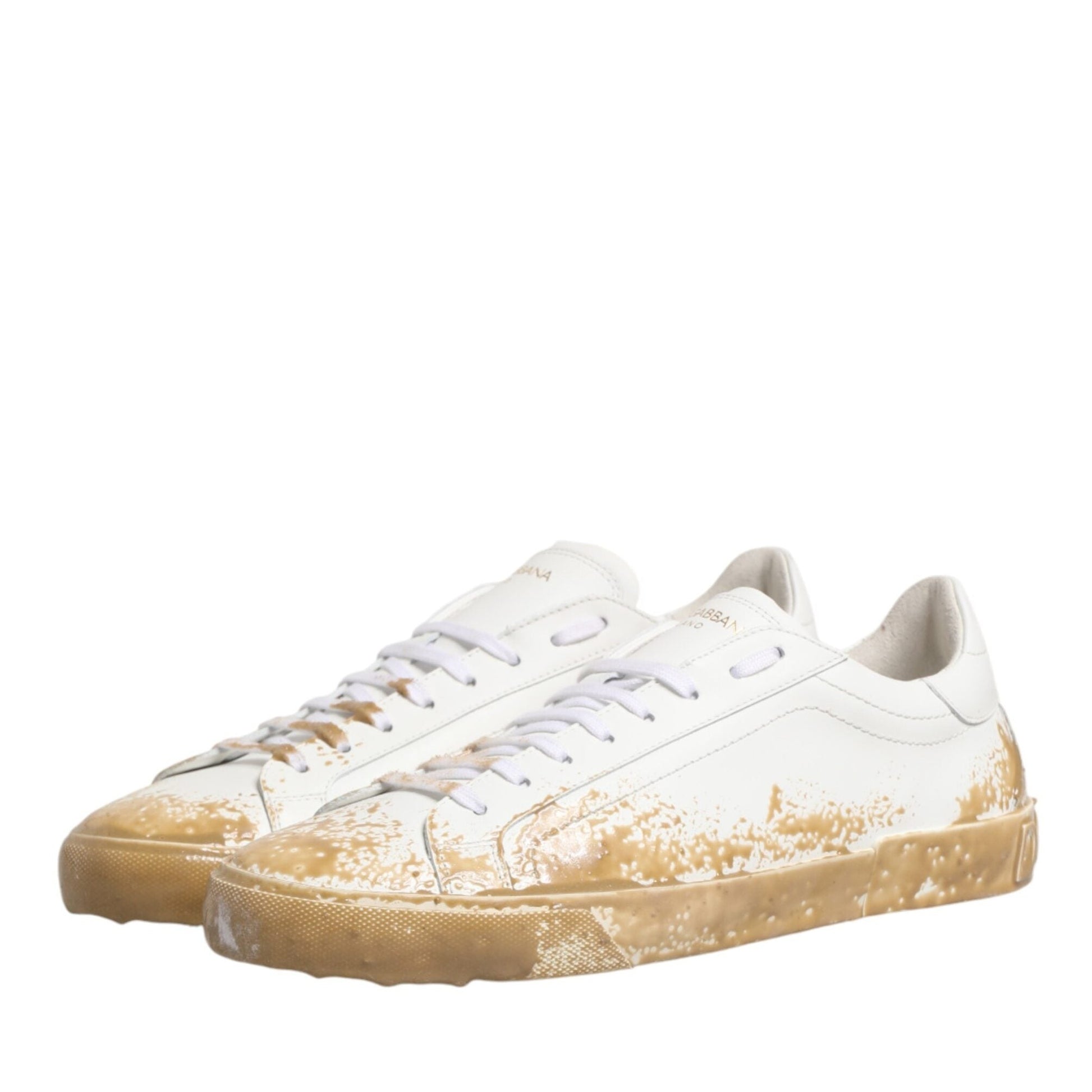Dolce & Gabbana White Leather Paint Effect Low Top Sneakers Shoes