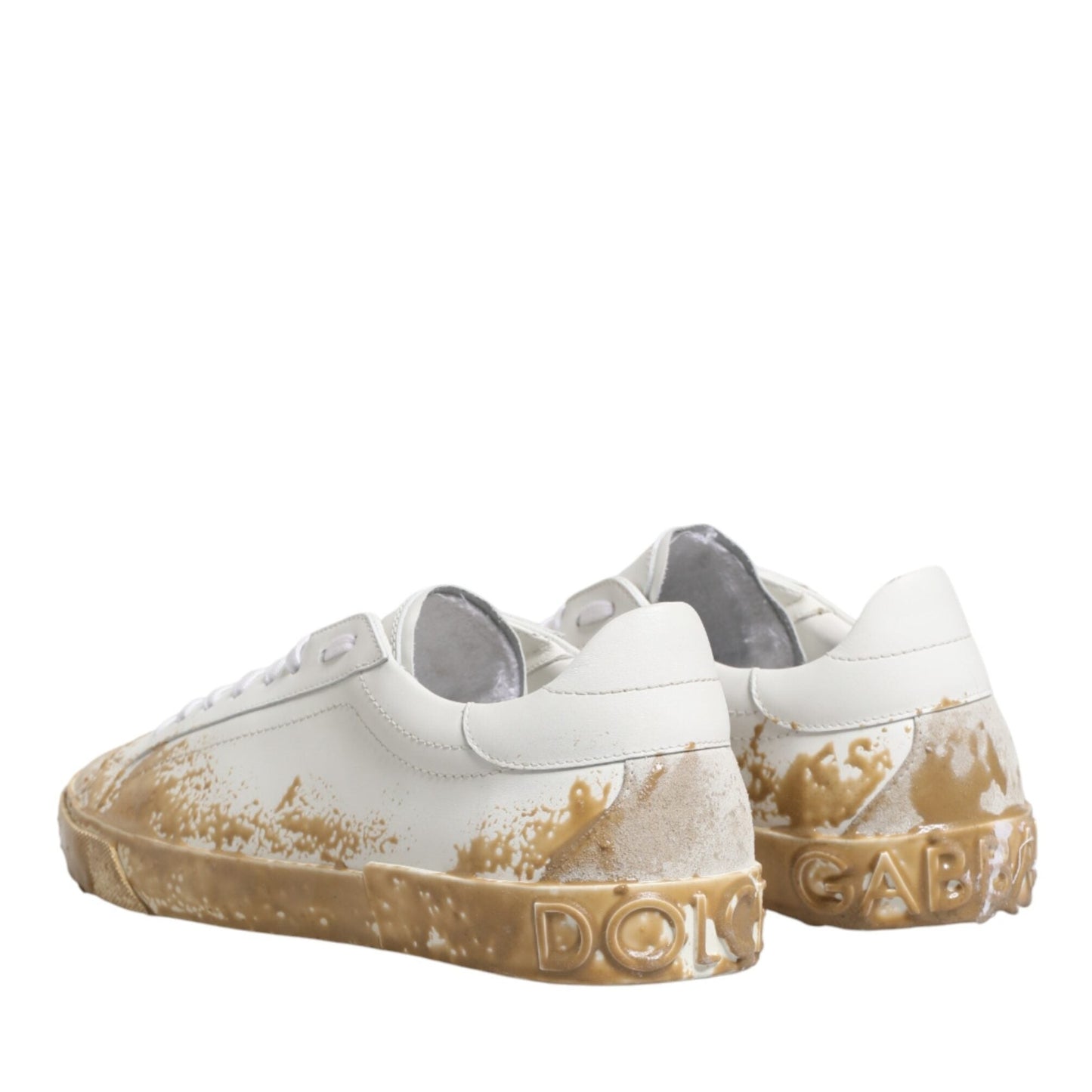 Dolce & Gabbana White Leather Paint Effect Low Top Sneakers Shoes