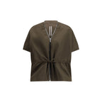 Rick Owens brown polyester shell jacket displayed on a hanger with a sleek, modern design and smooth fabric texture.