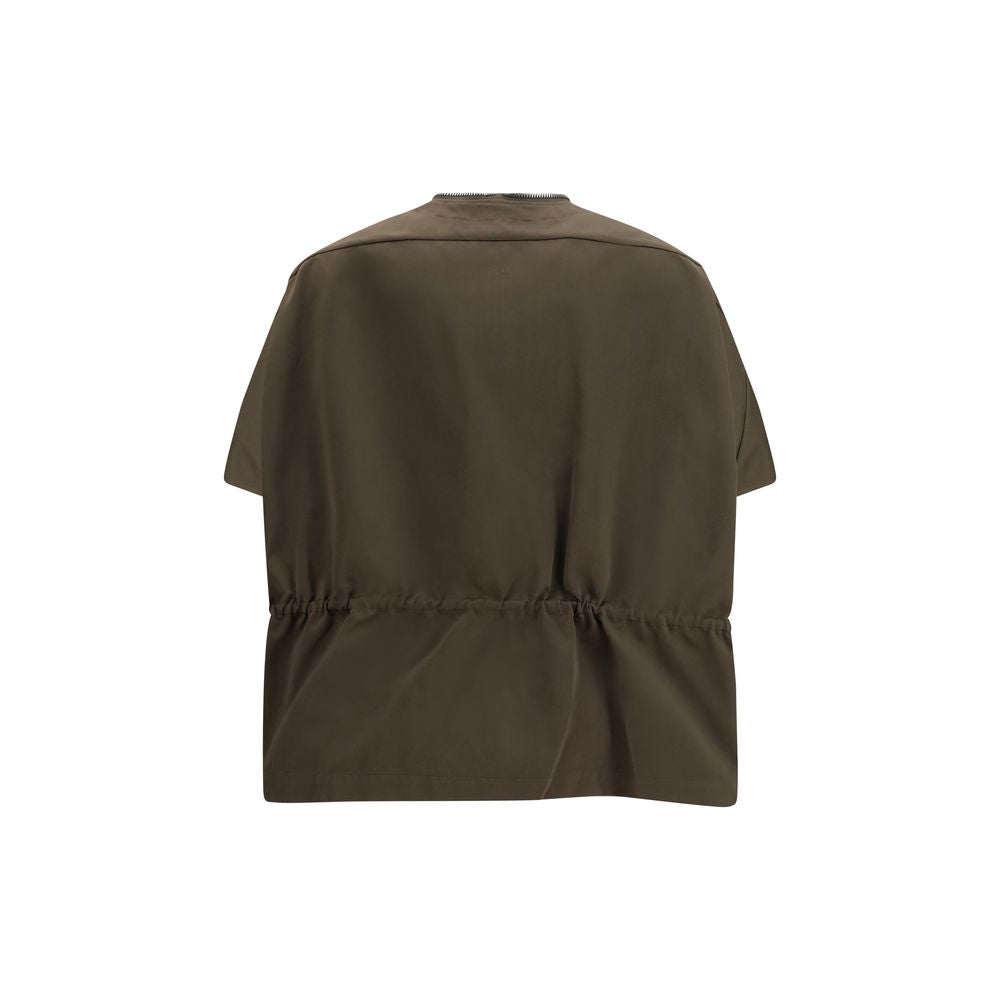 Rick Owens brown polyester shell jacket shown on a hanger, featuring a sleek design with a high collar and modern style.