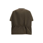 Rick Owens brown polyester shell jacket shown on a hanger, featuring a sleek design with a high collar and modern style.