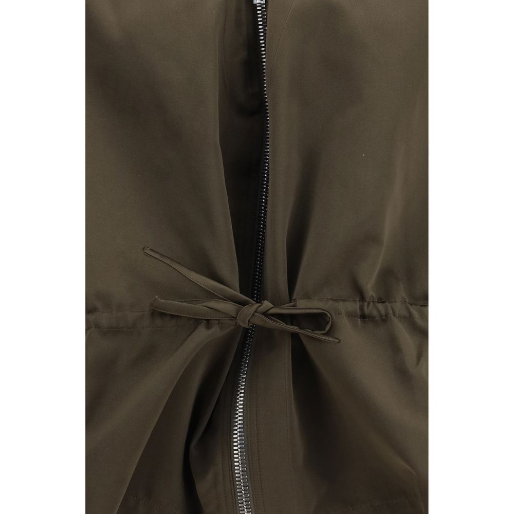 Rick Owens brown polyester shell jacket with a sleek, modern design, featuring a high collar and zip closure.