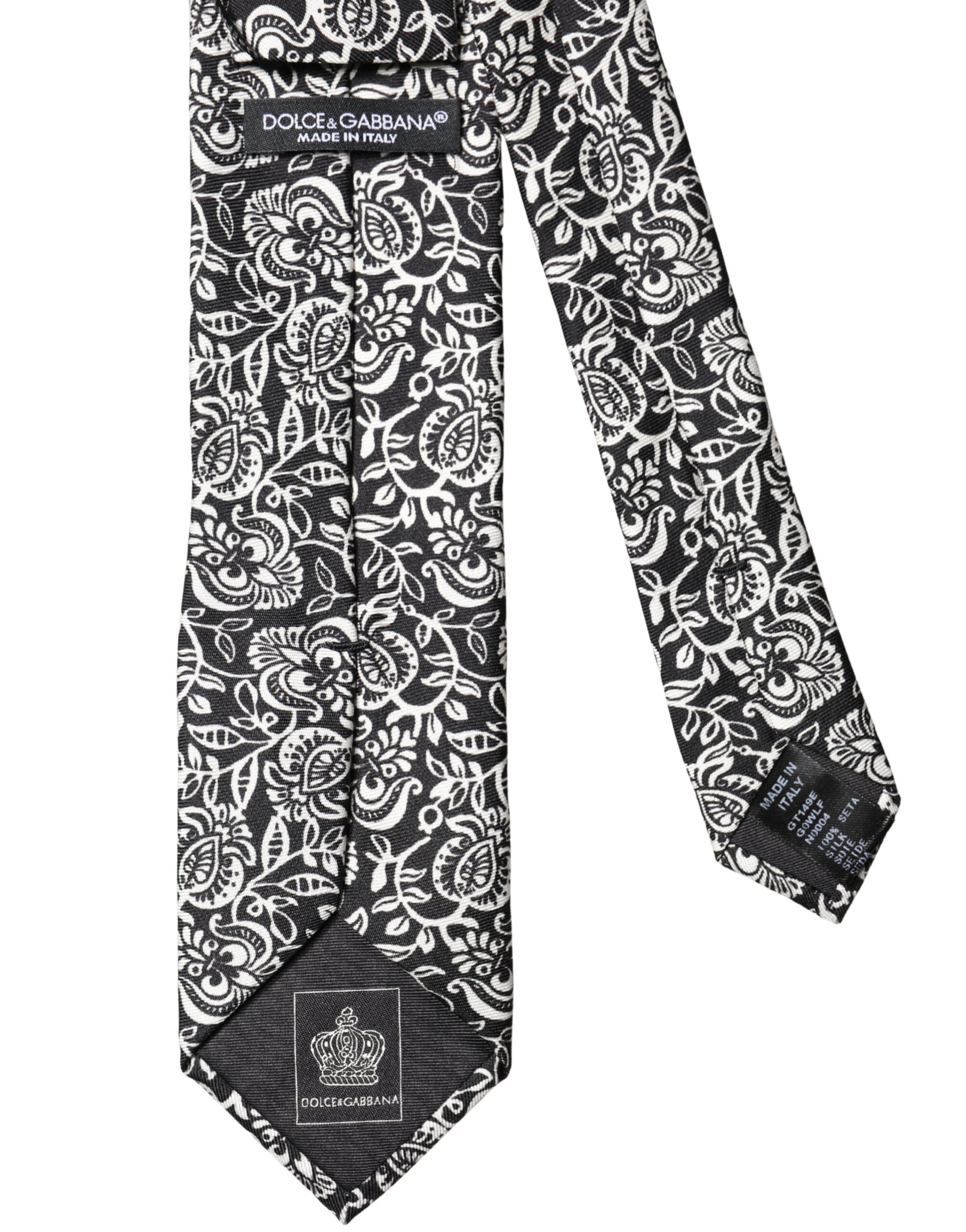 Dolce & Gabbana Black White Floral Fantasy Silk Adjustable Necktie Tie