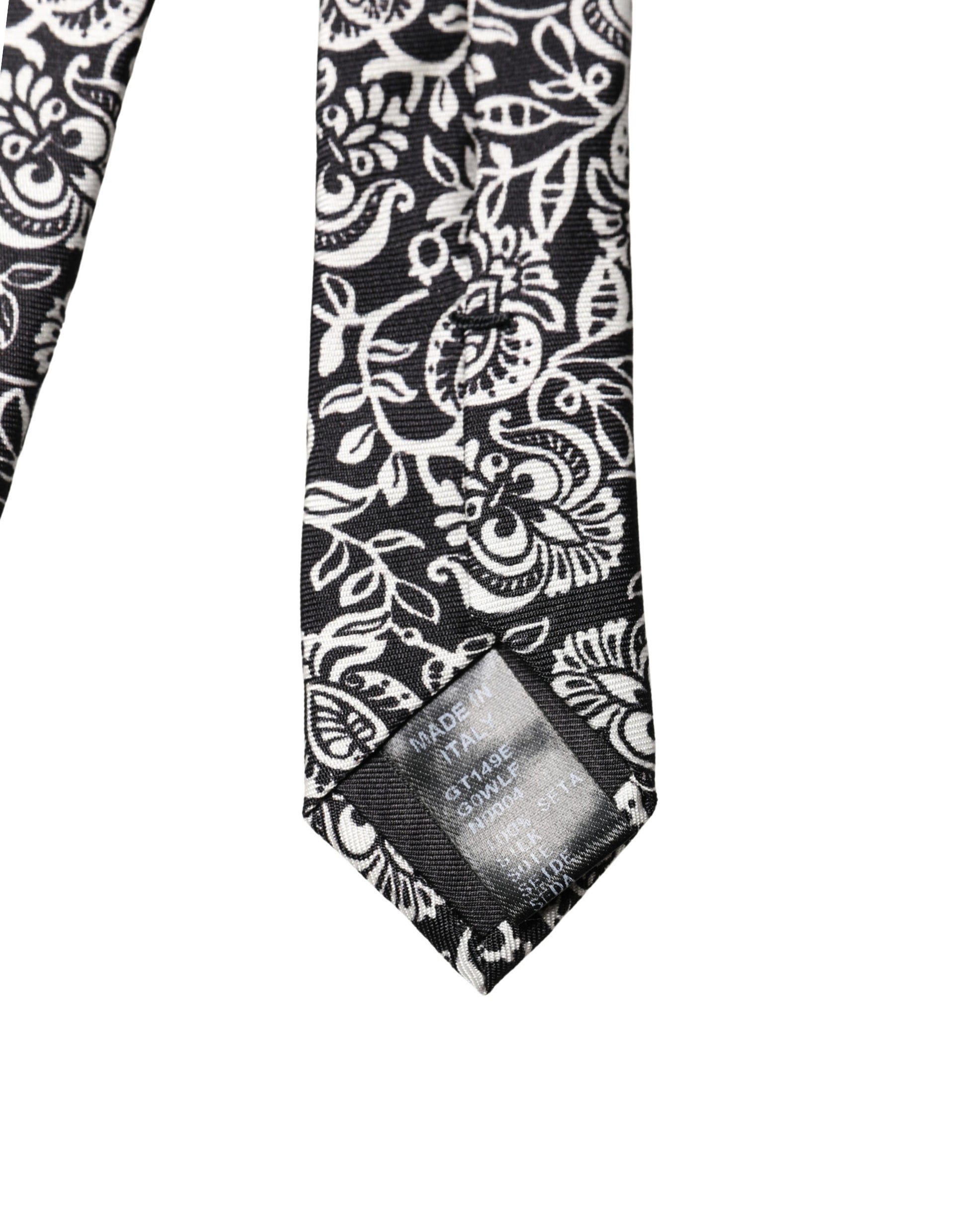 Dolce & Gabbana Black White Floral Fantasy Silk Adjustable Necktie Tie