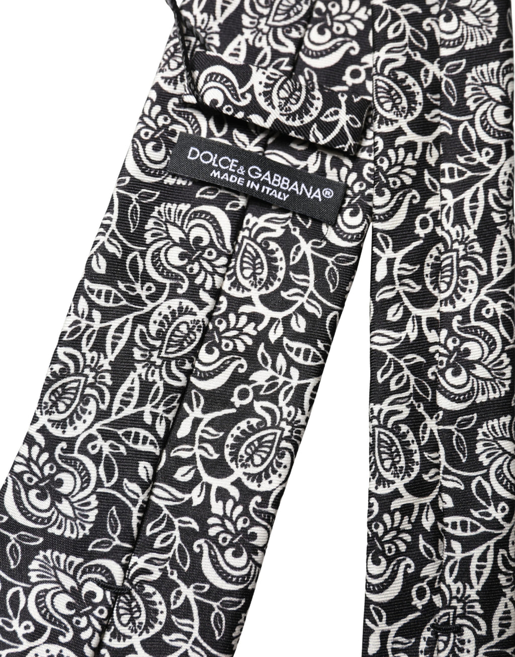 Dolce & Gabbana Black White Floral Fantasy Silk Adjustable Necktie Tie - Eljoys Fashion 