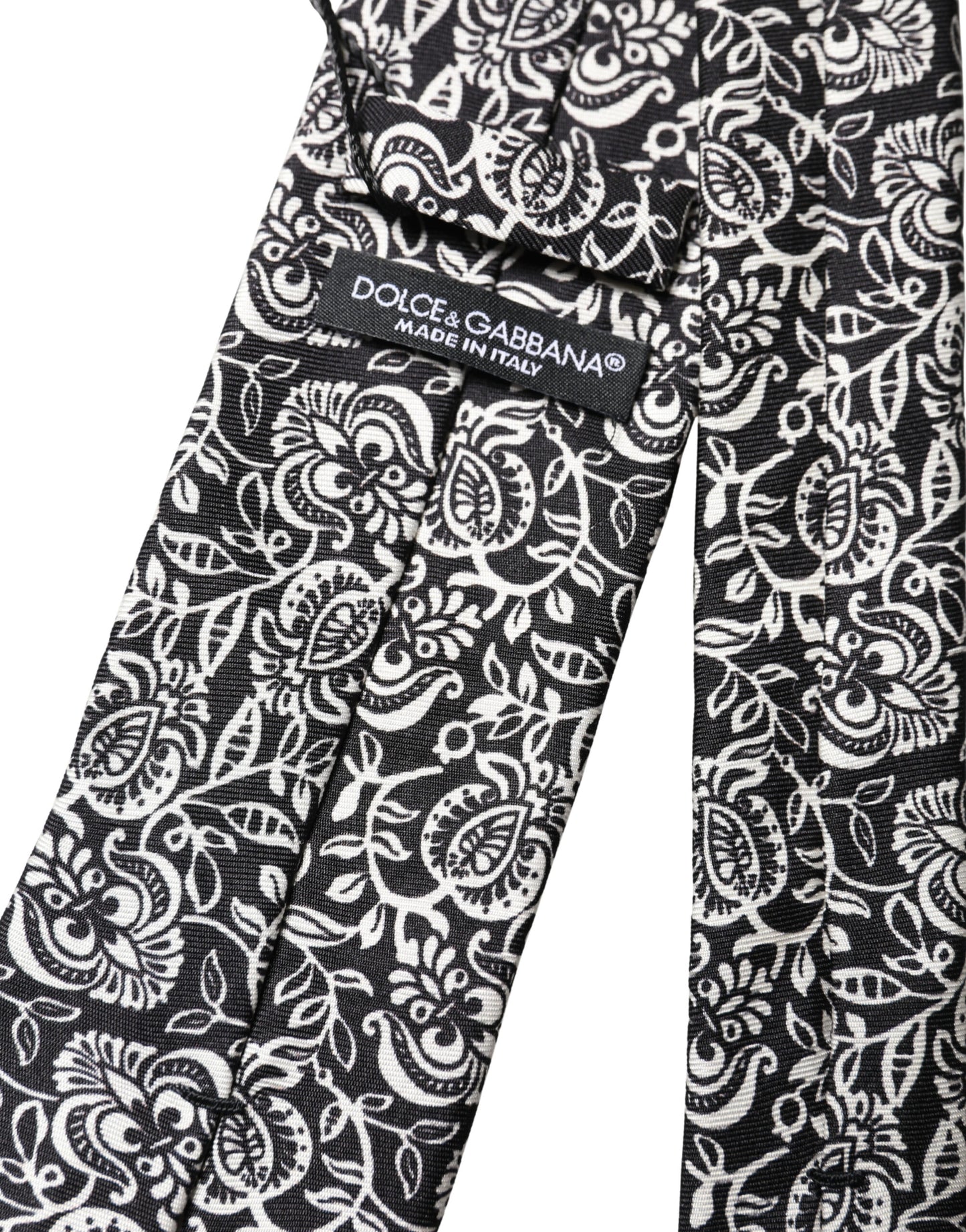 Dolce & Gabbana Black White Floral Fantasy Silk Adjustable Necktie Tie
