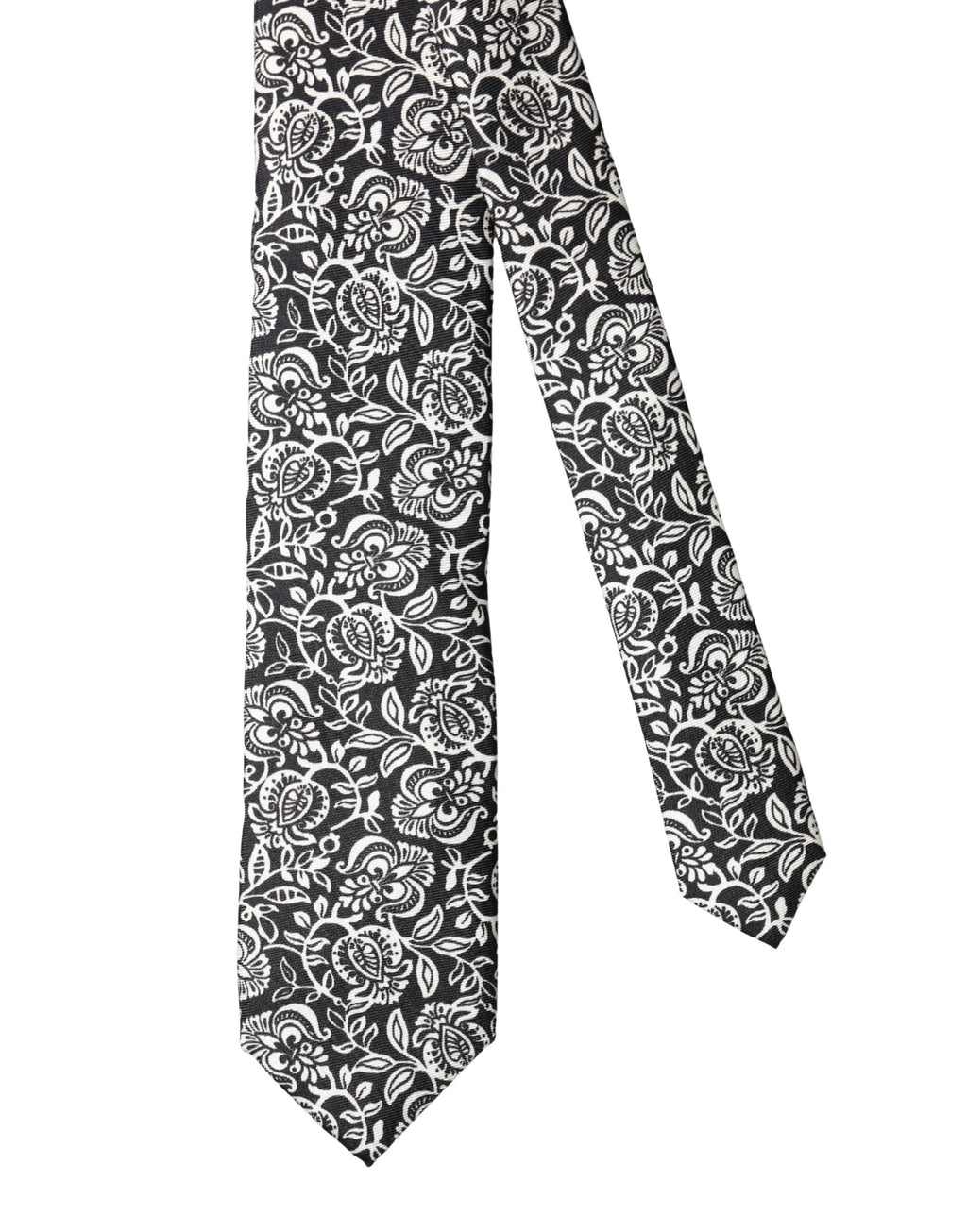 Dolce & Gabbana Black White Floral Fantasy Silk Adjustable Necktie Tie - Eljoys Fashion 