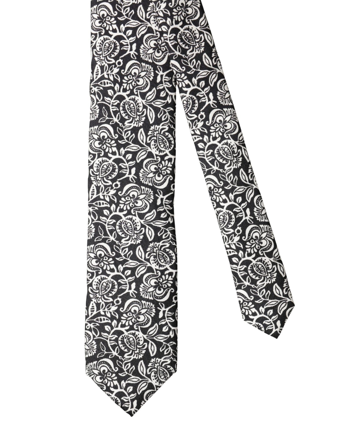 Dolce & Gabbana Black White Floral Fantasy Silk Adjustable Necktie Tie