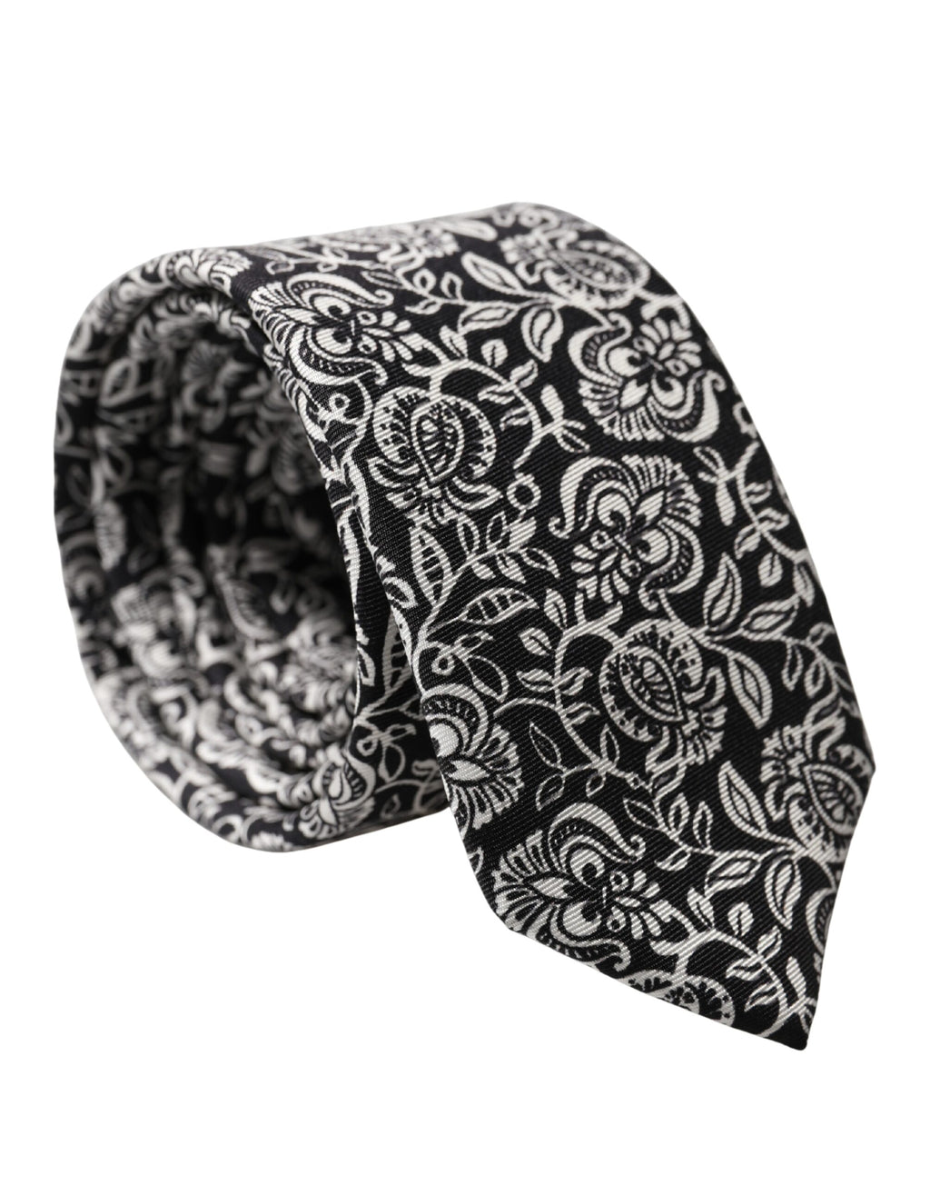 Dolce & Gabbana Black White Floral Fantasy Silk Adjustable Necktie Tie - Eljoys Fashion 