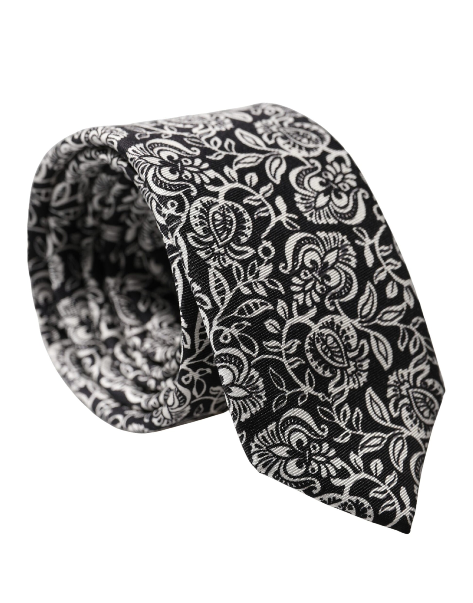Dolce & Gabbana Black White Floral Fantasy Silk Adjustable Necktie Tie