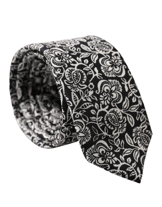Dolce & Gabbana Black White Floral Fantasy Silk Adjustable Necktie Tie