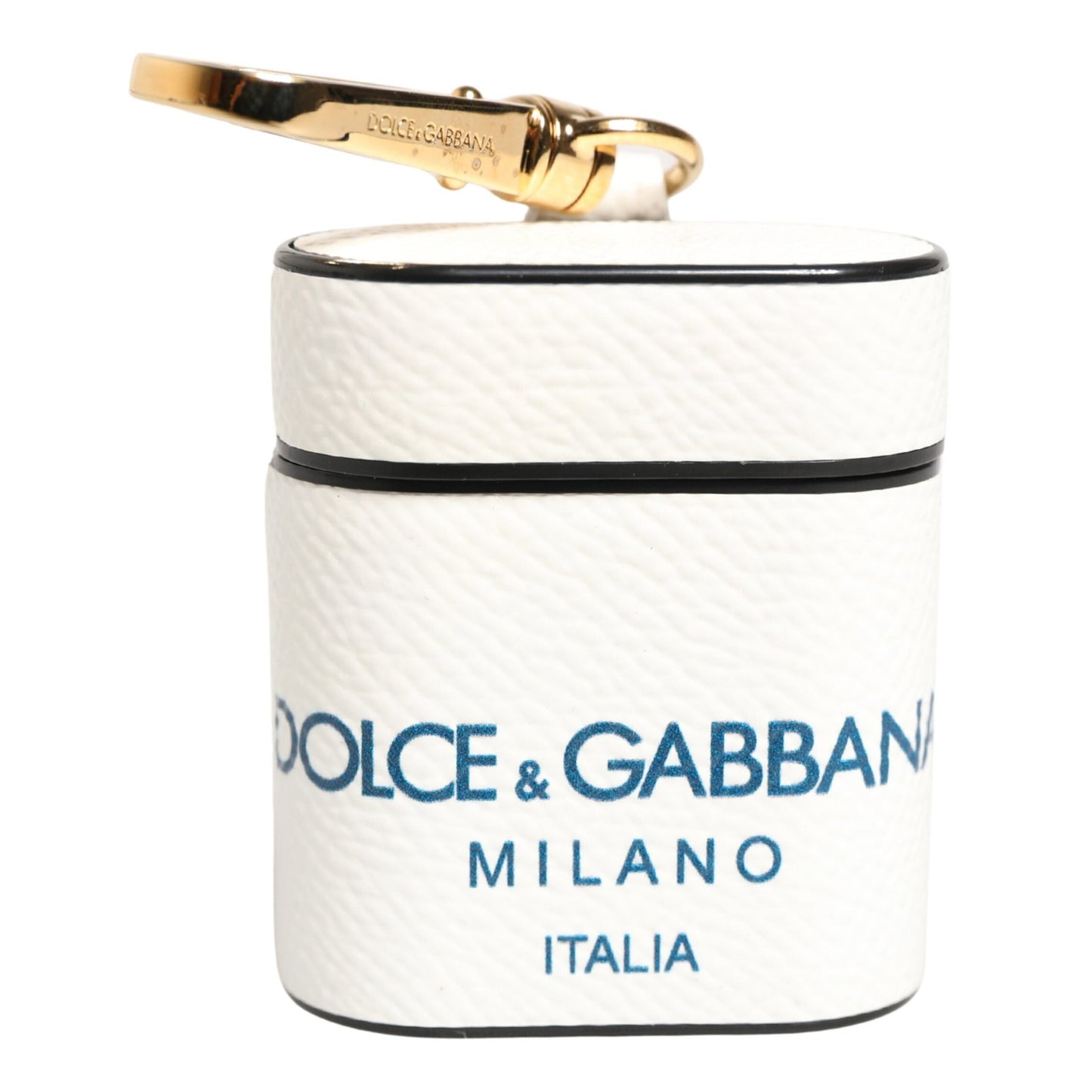Dolce & Gabbana White Calf Leather Logo Flip Holder Strap Airpods Case