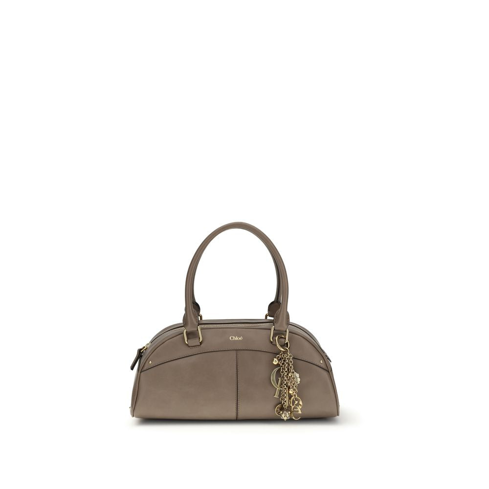 Chloé Gray Calf Leather Bos Taurus Handbag with top handles and silver hardware, showcasing a luxurious, structured design.