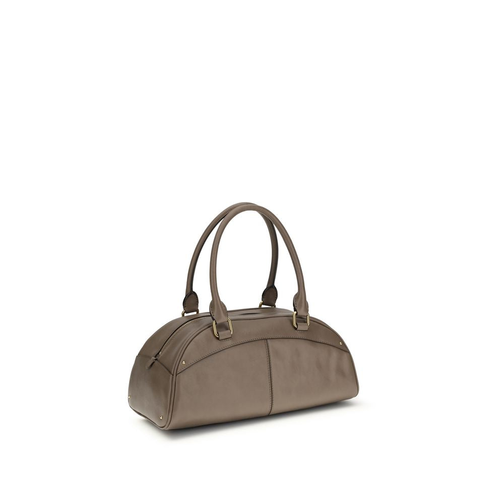 Chloé gray calf leather Bos Taurus handbag with structured design and top handles, featuring subtle stitching details.