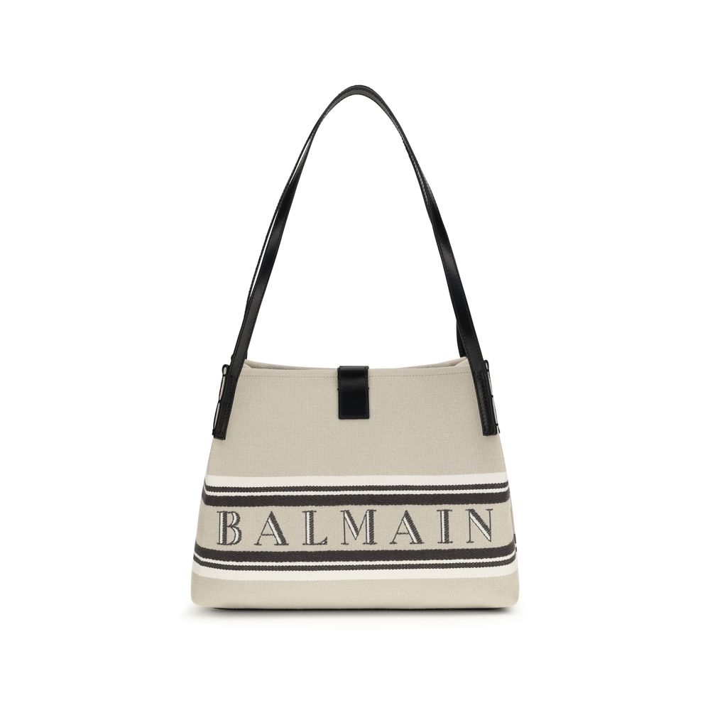 Balmain beige cotton shoulder bag with stylish design and shoulder strap, perfect for casual and chic outfits.