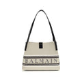 Balmain beige cotton shoulder bag with stylish design and shoulder strap, perfect for casual and chic outfits.
