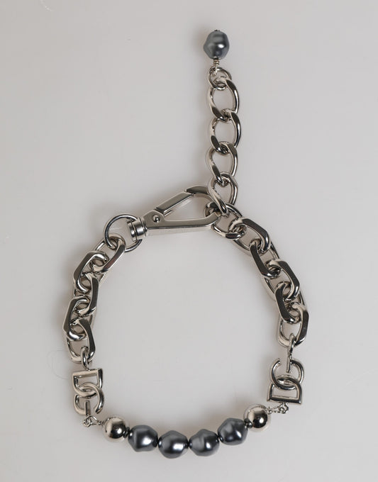 Dolce & Gabbana Silver Tone Chain Lobster Clasp Logo Gray Pearls Bracelet Dolce & Gabbana