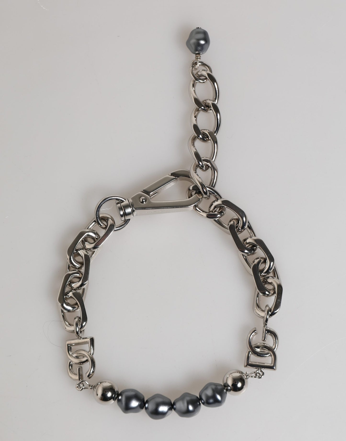 Dolce & Gabbana Silver Tone Chain Lobster Clasp Logo Gray Pearls Bracelet Dolce & Gabbana