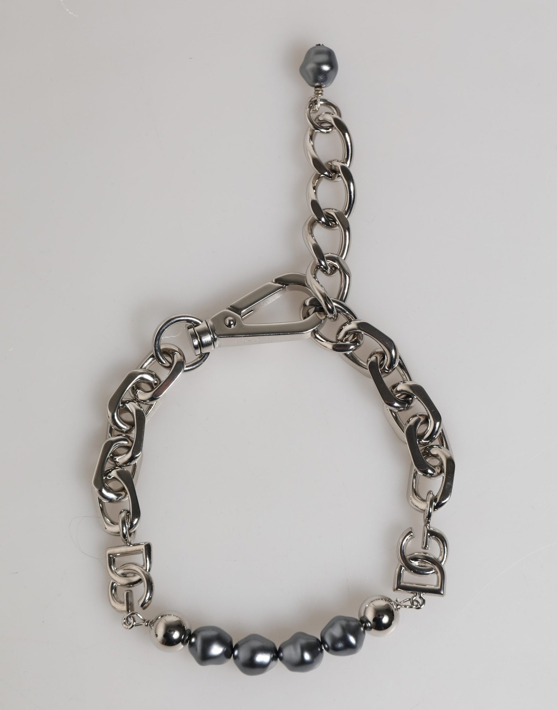 Dolce & Gabbana Silver Tone Chain Lobster Clasp Logo Gray Pearls Bracelet Dolce & Gabbana