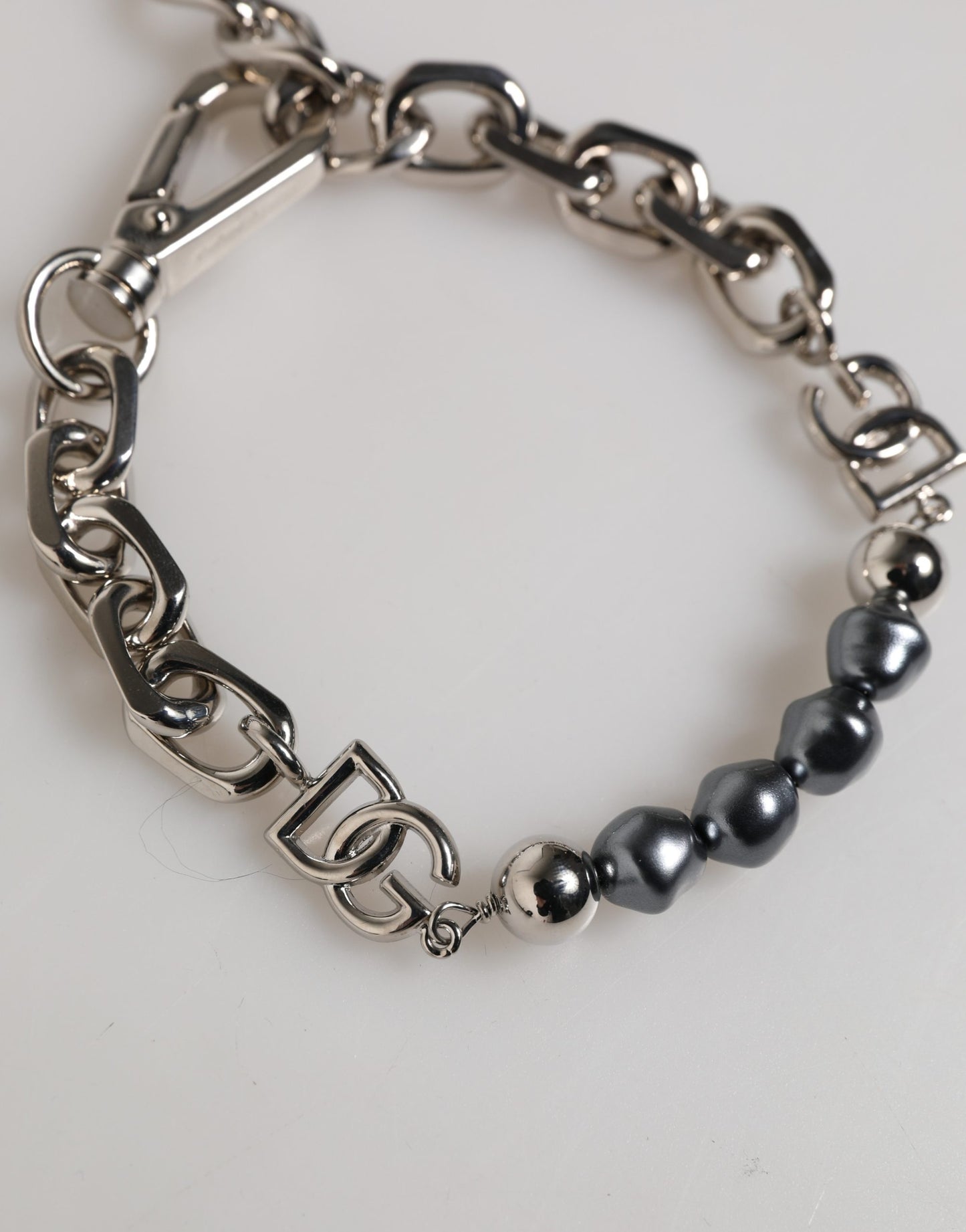 Dolce & Gabbana Silver Tone Chain Lobster Clasp Logo Gray Pearls Bracelet Dolce & Gabbana