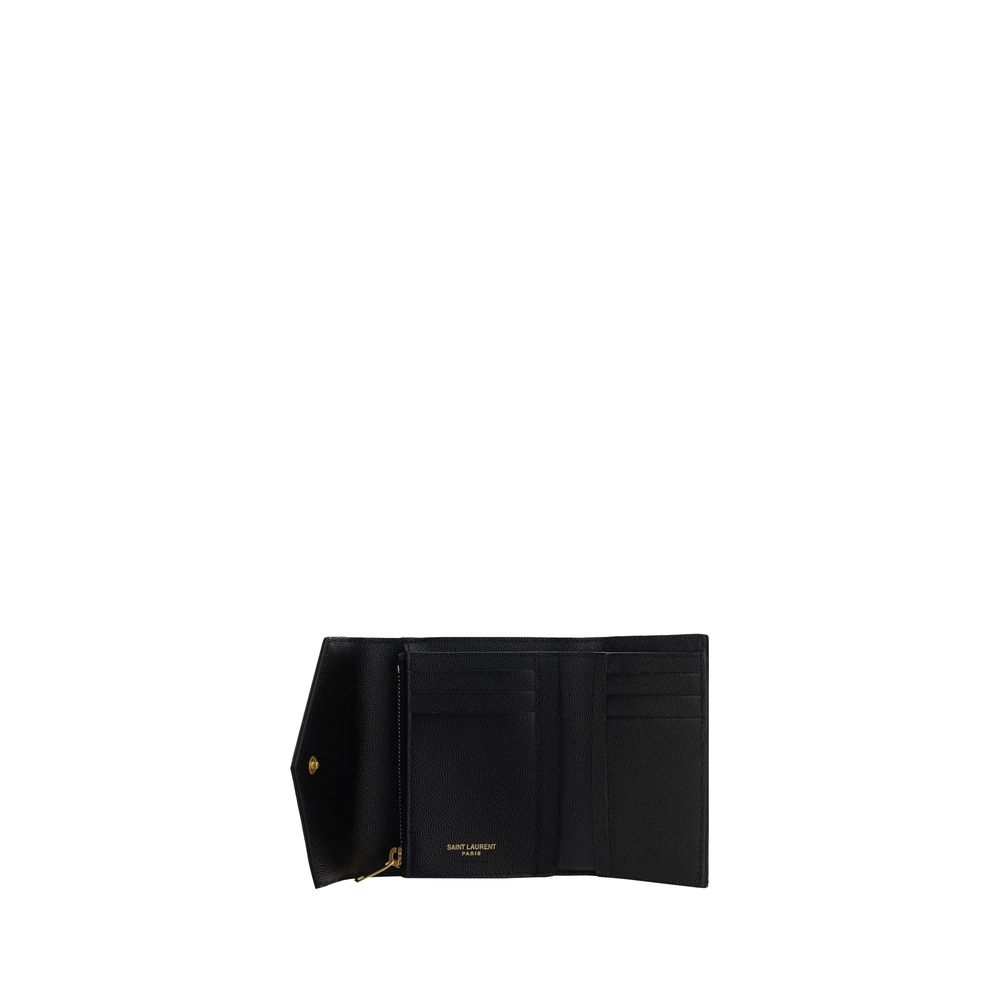 Saint Laurent black calf leather Bos Taurus wallet with gold-tone hardware and multiple card slots.
