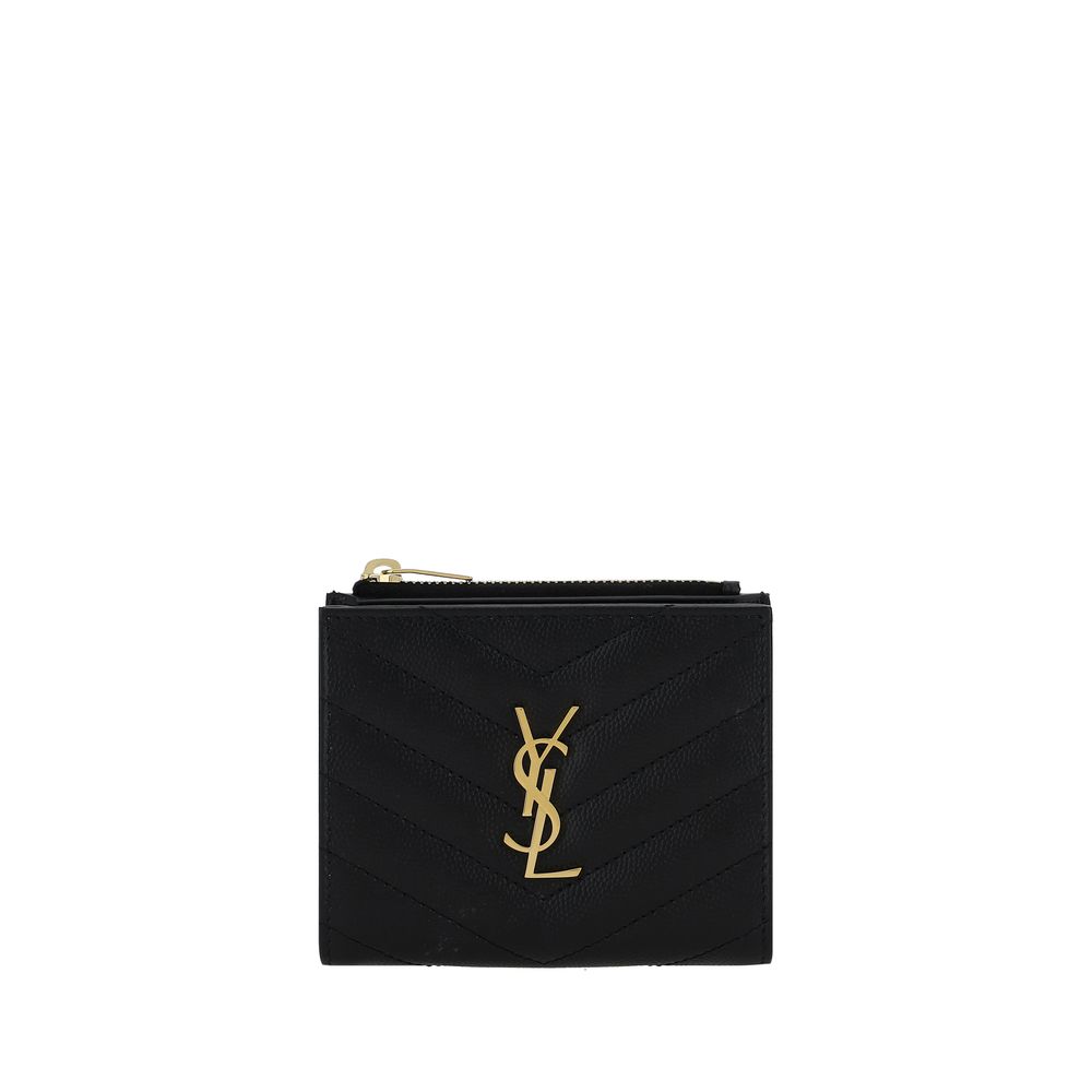 Saint Laurent Bos Taurus wallet made of black calf leather with sleek, minimalist design and multiple card slots.