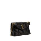 Saint Laurent black lamb leather shoulder bag with sleek design and silver-tone hardware, featuring a flap closure and chain strap.