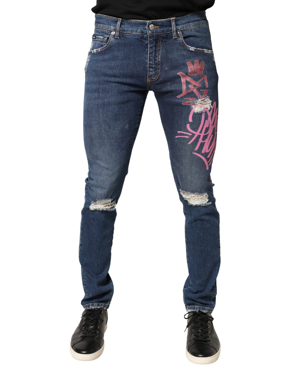 Dolce & Gabbana Blue Distressed Graffiti Print Skinny Jeans - Eljoys Fashion 