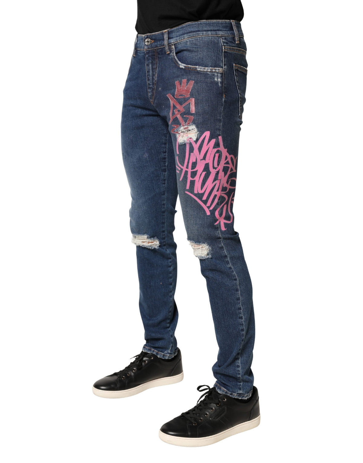 Dolce & Gabbana Blue Distressed Graffiti Print Skinny Jeans - Eljoys Fashion 