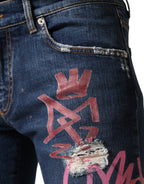 Dolce & Gabbana Blue Distressed Graffiti Print Skinny Jeans - Eljoys Fashion 