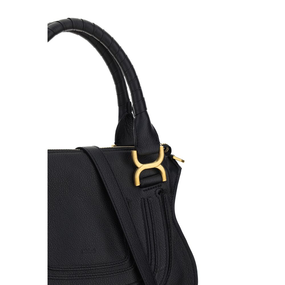 Chloé Black Calf Leather Bos Taurus Handbag with gold-tone hardware and structured design, featuring top handles and an adjustable strap.