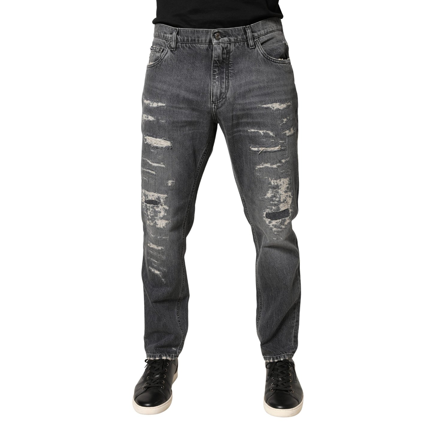 Dolce & Gabbana Dark Gray Tattered Cotton Loose Denim Jeans
