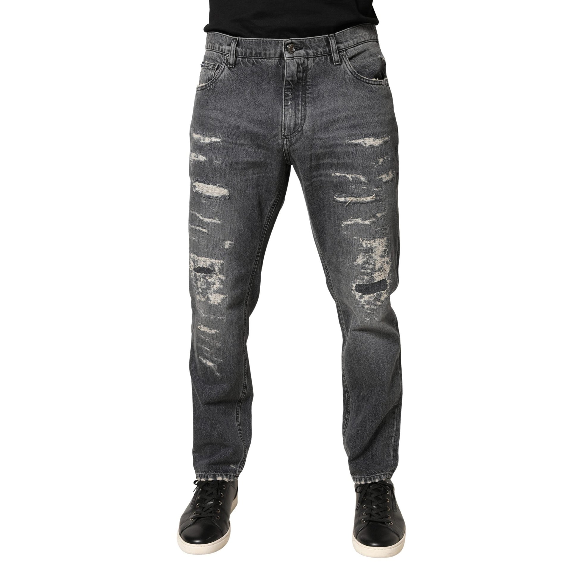 Dolce & Gabbana Dark Gray Tattered Cotton Loose Denim Jeans