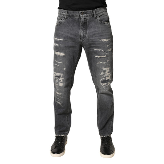 Dolce & Gabbana Dark Gray Tattered Cotton Loose Denim Jeans