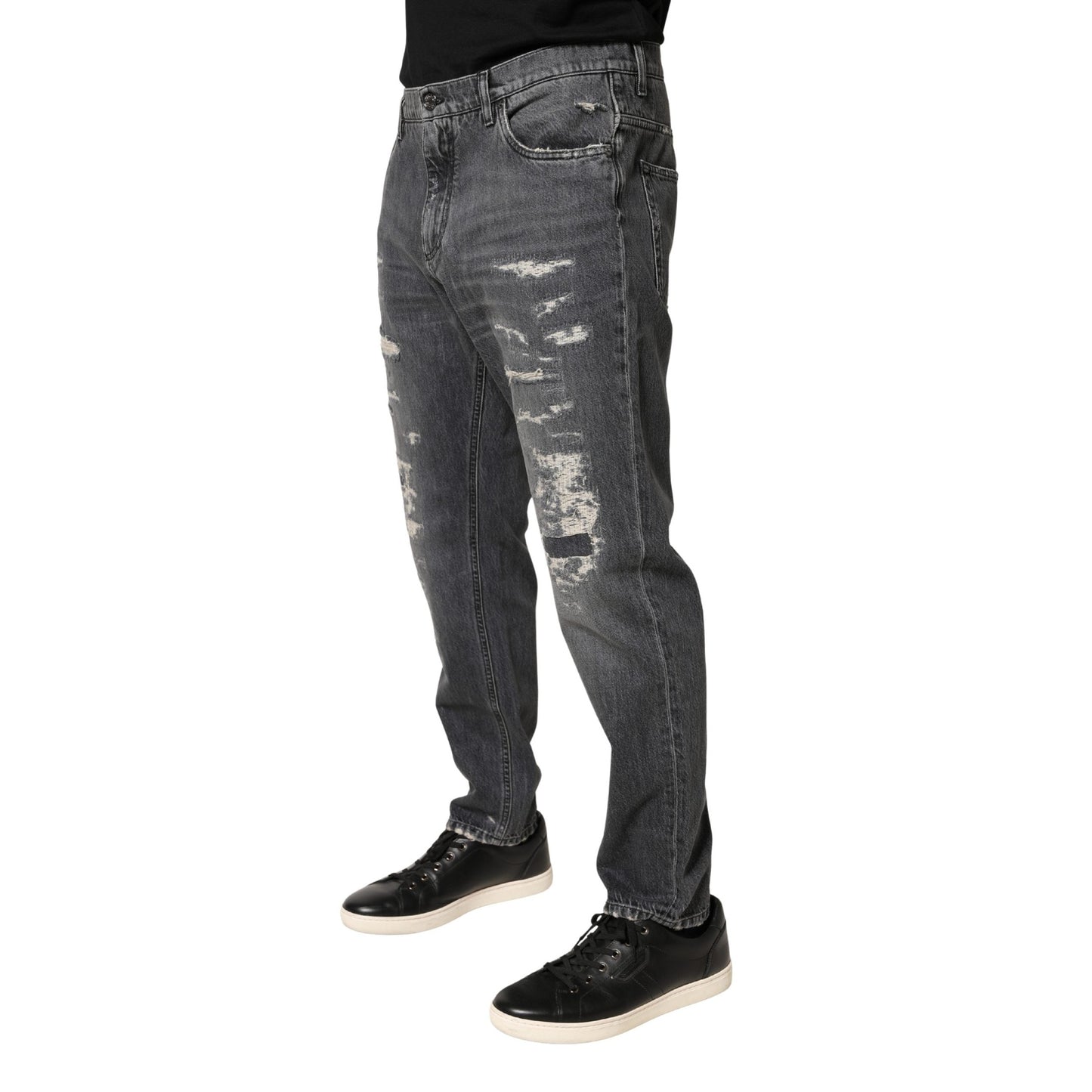 Dolce & Gabbana Dark Gray Tattered Cotton Loose Denim Jeans