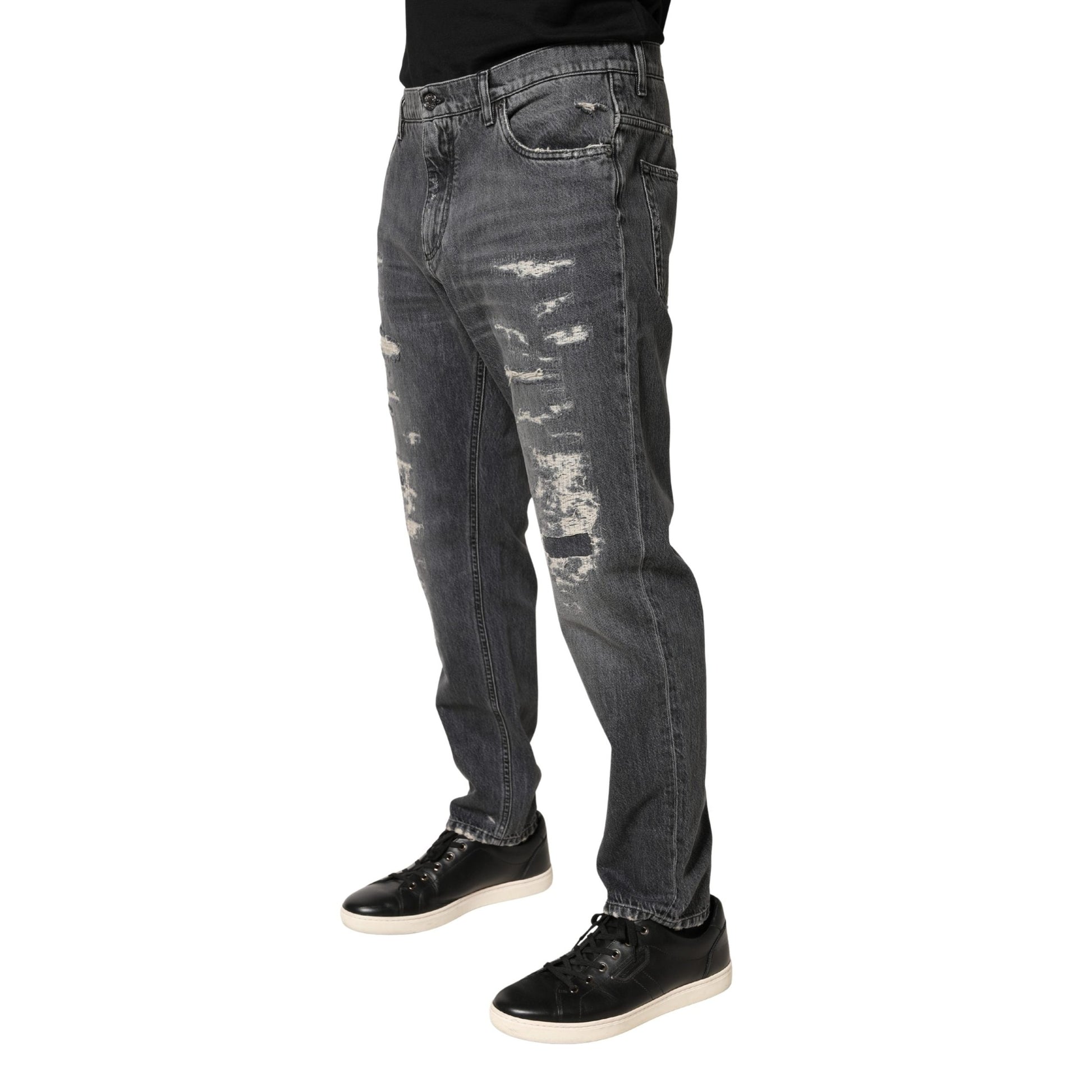 Dolce & Gabbana Dark Gray Tattered Cotton Loose Denim Jeans