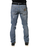 Dolce & Gabbana Blue Tattered Slim Fit Cotton Denim Jeans - Eljoys Fashion 