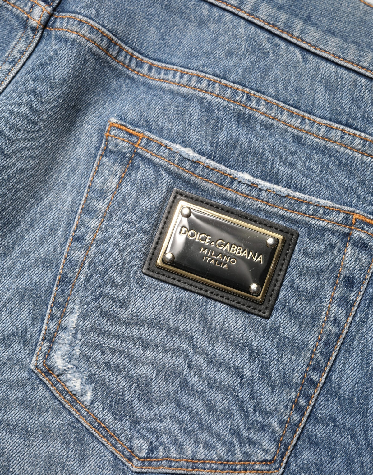 Dolce & Gabbana Blue Tattered Slim Fit Cotton Denim Jeans - Eljoys Fashion 
