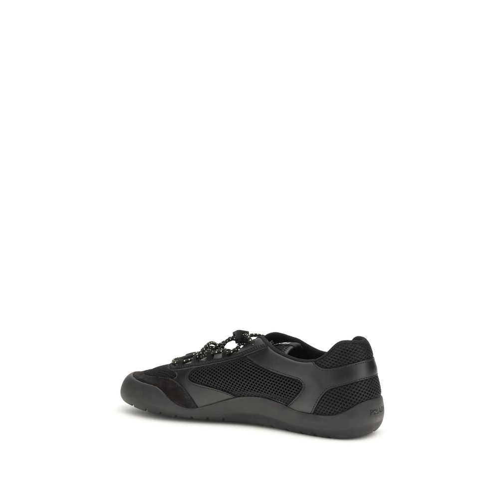 Prada black polyester athletic sneakers with sleek design and white sole, perfect for sporty and casual wear.