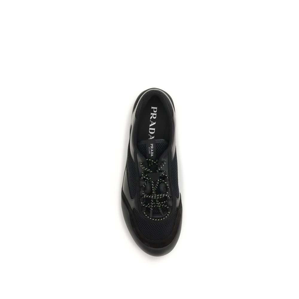 Prada black polyester athletic sneakers with sleek design and sporty laces, ideal for casual and athletic wear.