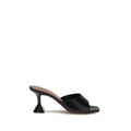 Amina Muaddi black lamb leather stiletto heel sandals with sleek design and pointed toes, featuring elegant ankle straps.