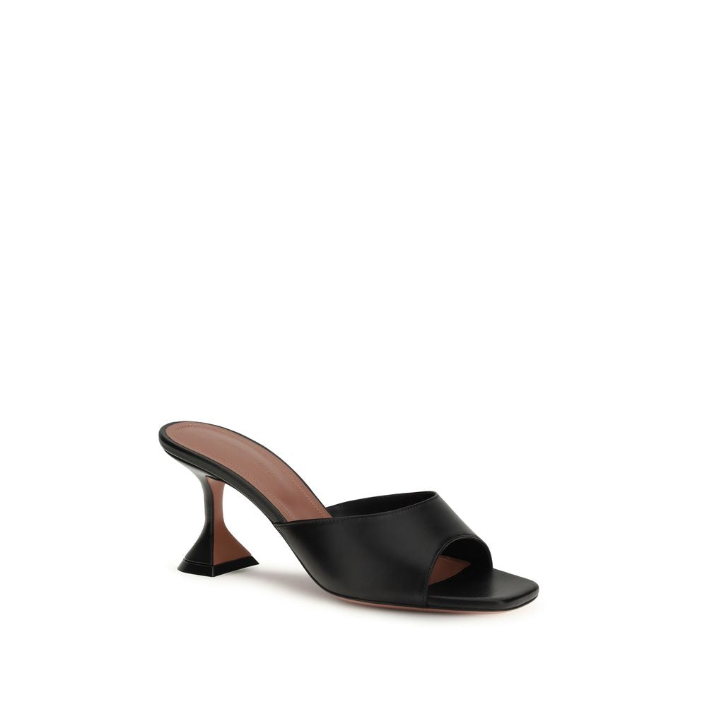 Amina Muaddi black Lamb Ovis Aries stiletto heel sandals with sleek straps and pointed toes, elegant and stylish footwear.