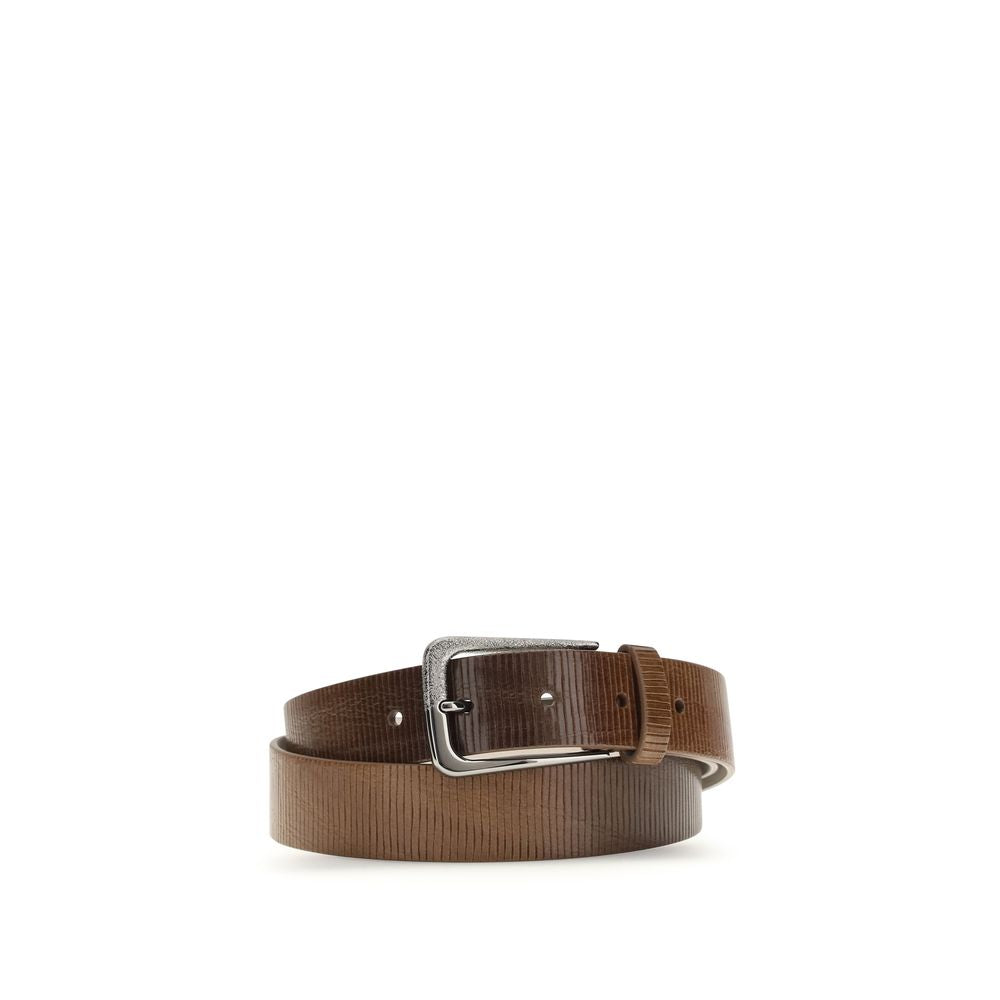 Brown calf leather Brunello Cucinelli Bos Taurus regular belt with polished buckle, showcasing luxury craftsmanship and classic style.
