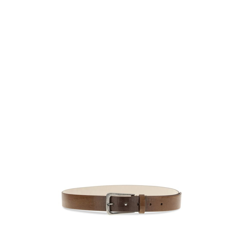 Brunello Cucinelli brown calf leather Bos Taurus regular belt with sleek buckle and refined finish.