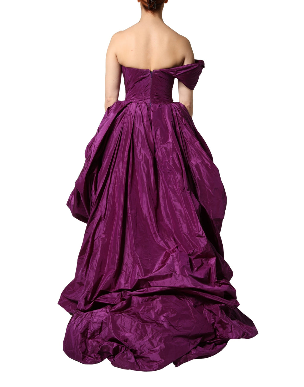 Purple strapless Dolce & Gabbana A-line asymmetric dress with a fitted bodice and flowing skirt, elegant evening wear.