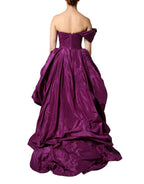 Purple strapless Dolce & Gabbana A-line asymmetric dress with a fitted bodice and flowing skirt, elegant evening wear.