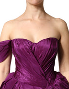 Purple Dolce & Gabbana strapless A-line dress with asymmetric hem, showcased on a model.