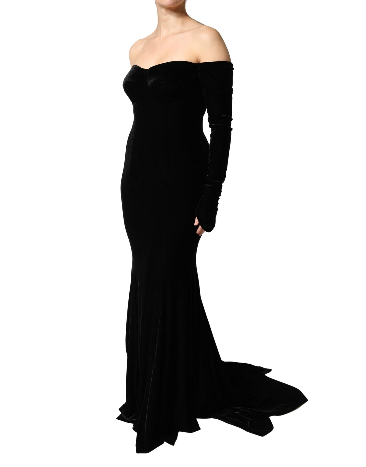 Dolce & Gabbana Black Off Shoulder Bodycon Long Gown Dress - Eljoys Fashion 