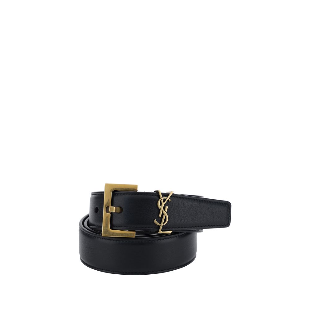 Saint Laurent black calf leather Bos Taurus regular belt with silver buckle and sleek design.